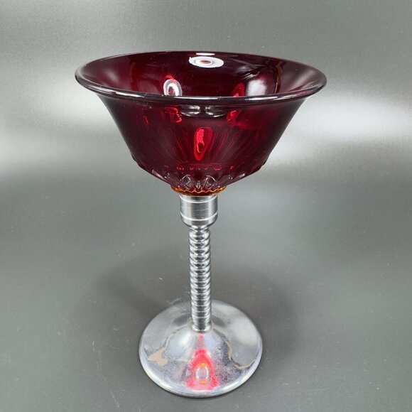 Art Deco Ruby Red Cadmium UV Glow Cocktail Glass Cups Chrome Stems Glasses Set2 - Picture 14 of 15